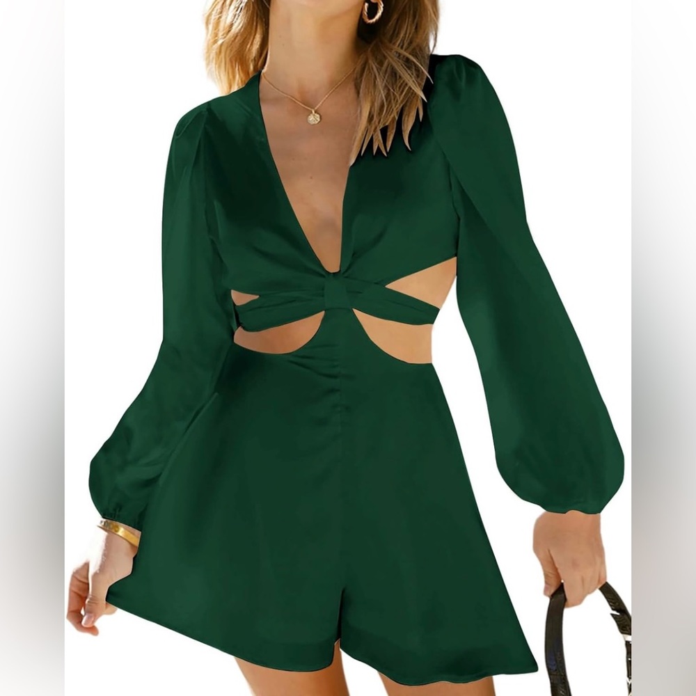 Rooscier 2 Pcs Suit Satin Deep V Neck Tie Back Lantern Long Sleeve Short Romper